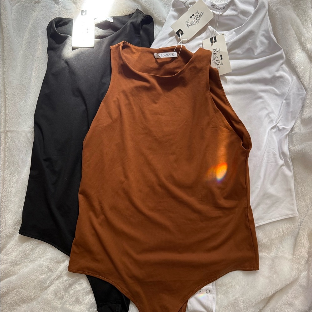 Bundle of 3 Women's Sleeveless Bodysuit - Black, Brown, White- NWT- XL racerback